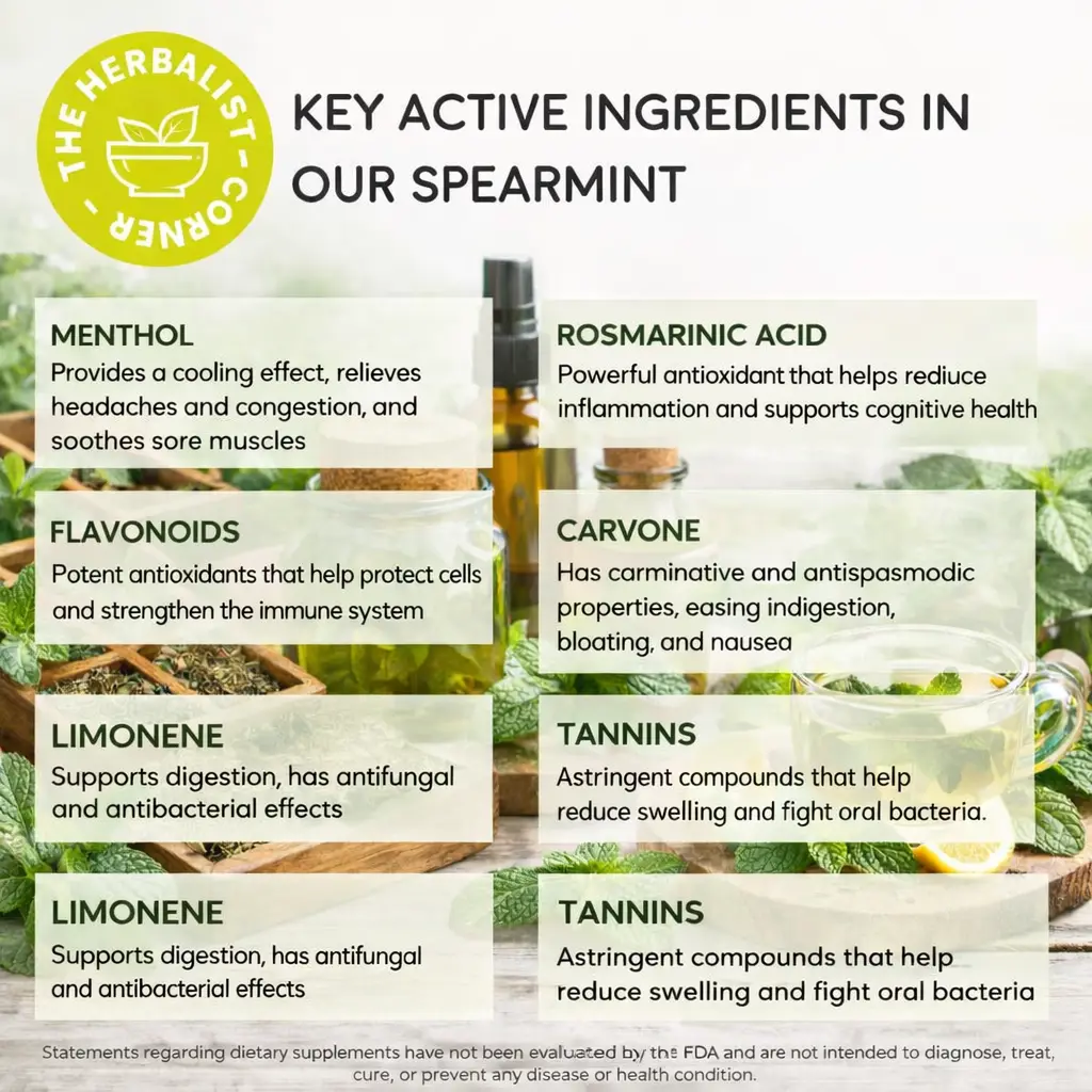 key active ingredients in Organic Spearmint CS cut and sifted