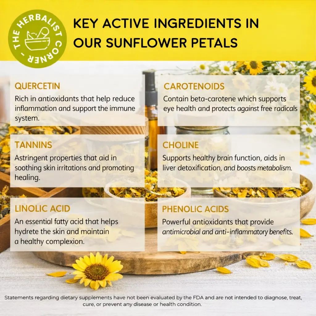 Key active ingredients of Organic Sunflower Petals Whole CS cut and sifted