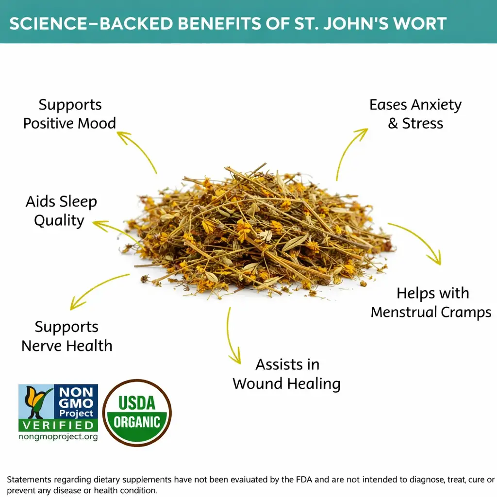 benefits of Organic St John's Wort cut and sifted whole