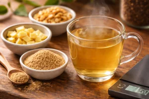 Ajwain tea blend ingredients with a warm cup of infused tea