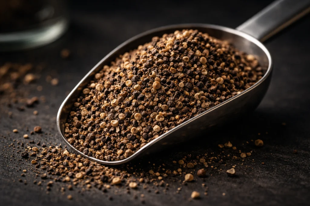 Black pepper TBC granules in scoop macro texture photo