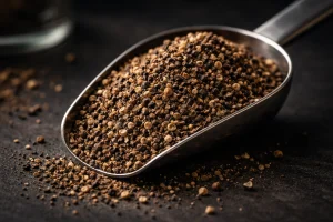 Black pepper TBC granules in scoop macro texture photo