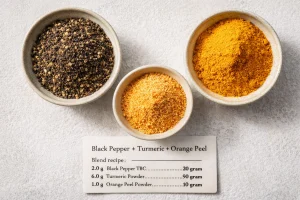 Black pepper, turmeric, and orange peel blend bowls with ratios