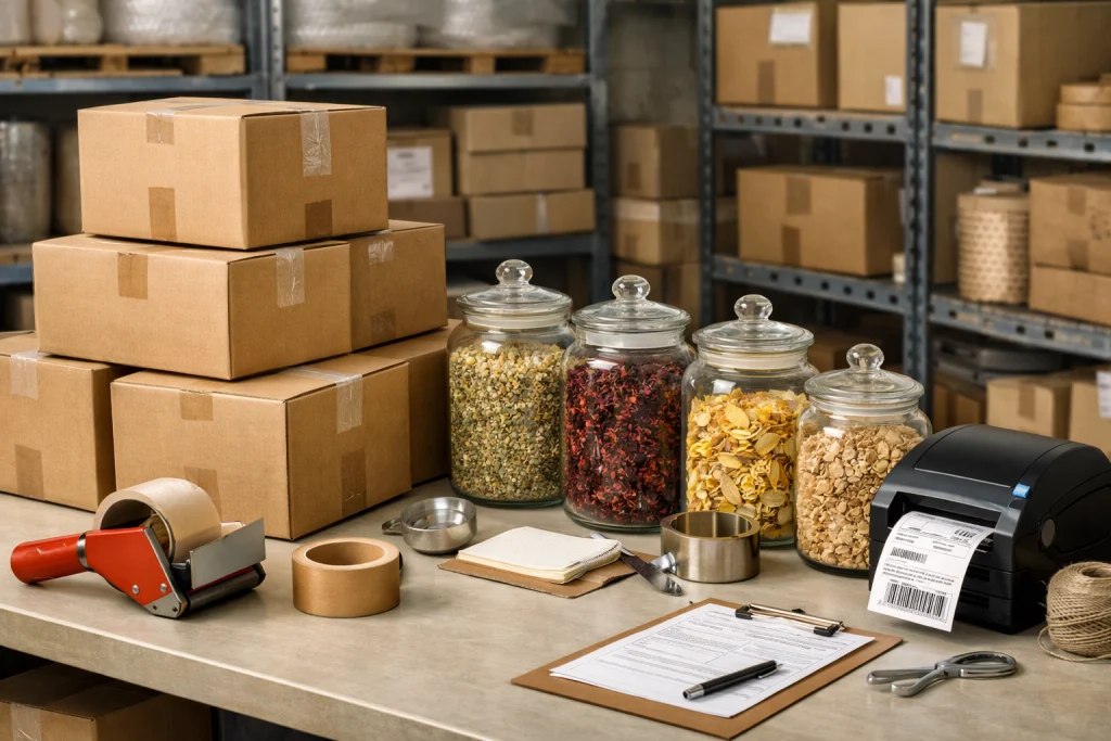 Bulk organic herbs warehouse packing setup for product manufacturing