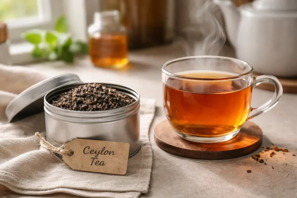 Ceylon tea leaves in tin with brewed cup and subtle steam