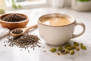 Ceylon tea with milk in cup with tea leaves and cardamom pods