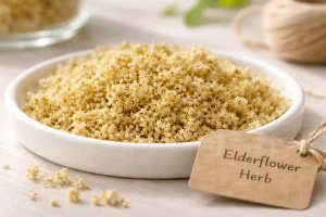 Close-up texture of dried elderflower herb blossoms