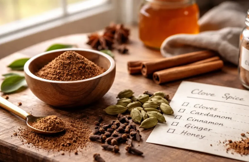 Clove powder and green cardamom on a cutting board with recipe card clove spice recipes