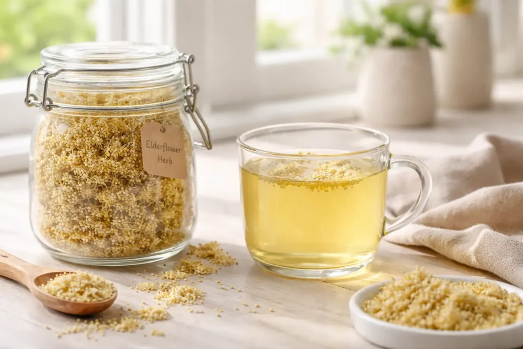 Elderflower herb in jar with pale elderflower tea in glass mug