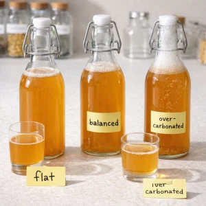 Kombucha second fermentation setup using butterfly pea tea concentrate