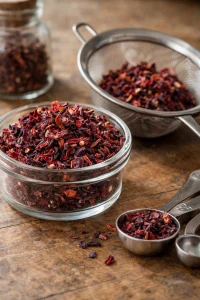 Macro close-up of dried hibiscus cut & sifted in a small glass apothecary dish beside a fine mesh strainer, warm light showing texture and color variation, clean rustic counter
