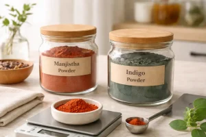 Manjistha and indigo powders in labeled jars with scale for consistent measuring