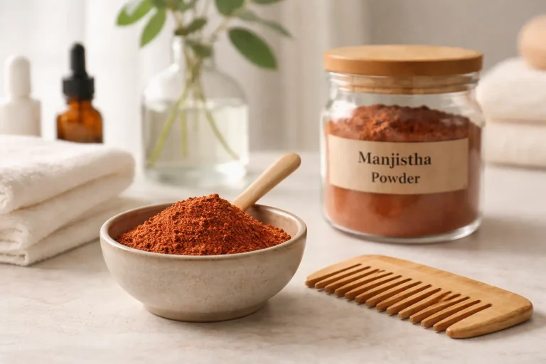 Manjistha powder in bowl with wooden comb for traditional hair ritual