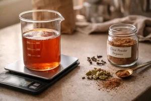 Measured clove tea concentrate on a clean prep station with scale