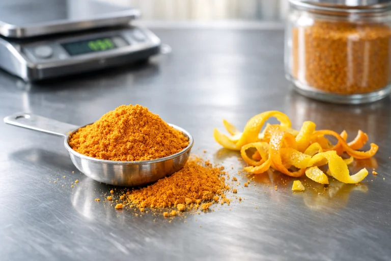 Orange peel powder on spoon with fresh citrus zest at a clean prep station