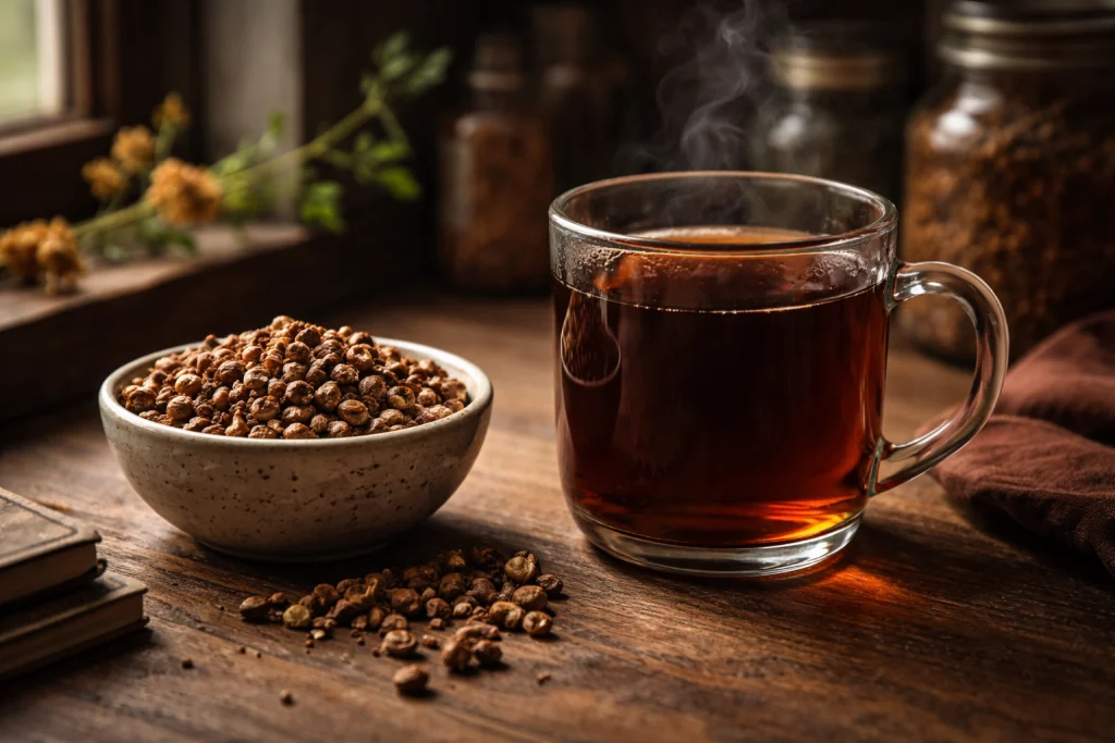Roasted dandelion root pieces beside a mug of dark herbal tea