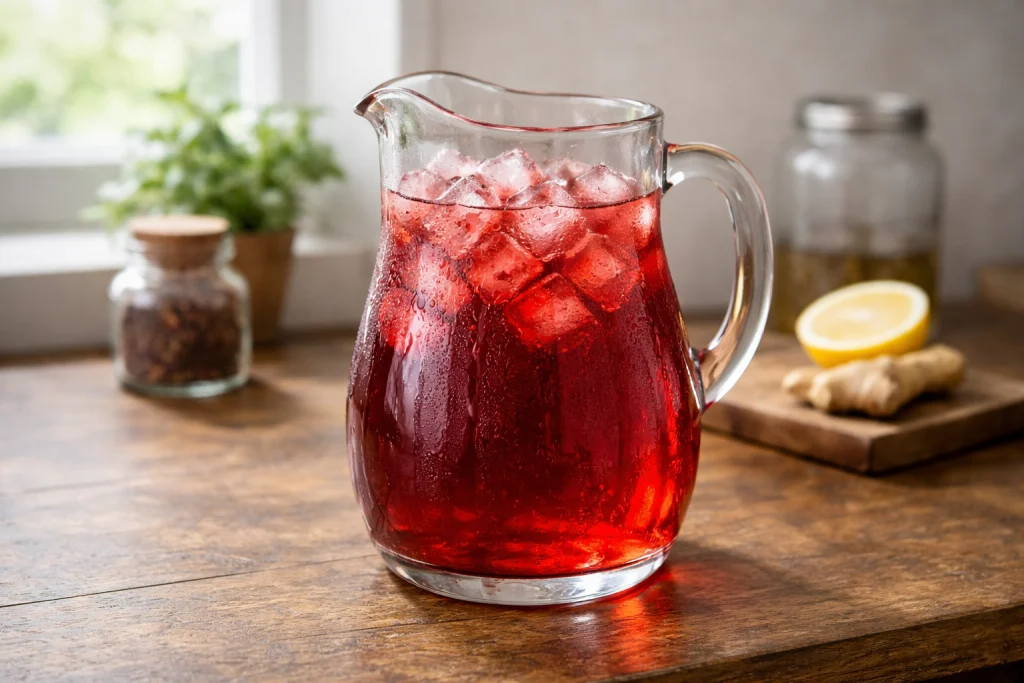 Ruby hibiscus iced tea in a glass pitcher with ice