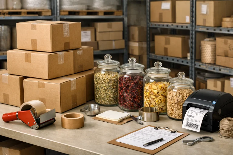 Stacked shipping boxes and apothecary jars for bulk organic herbs shipping