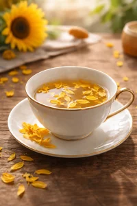 Sunflower petals tea in a teacup with petals floating in morning light