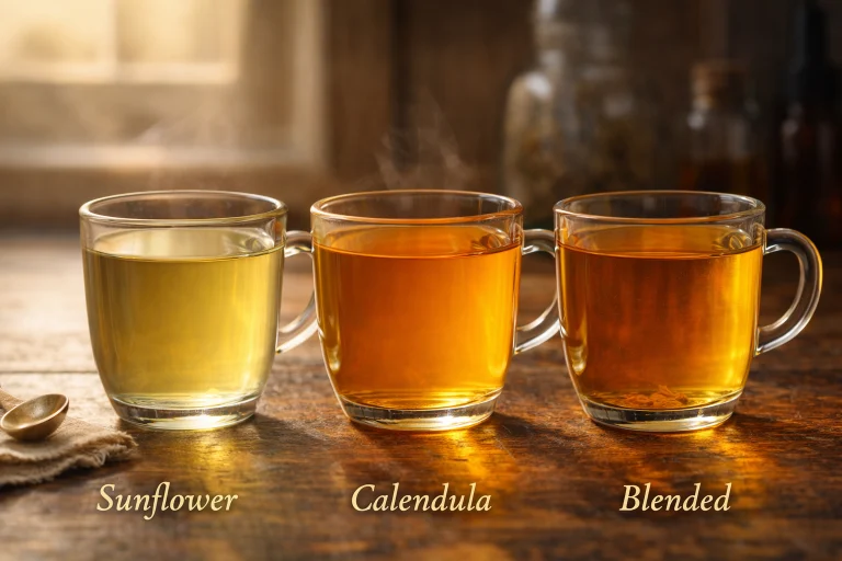 Color comparison of sunflower, calendula, and blended petal tea infusions dried flowers for crafts and tea blends