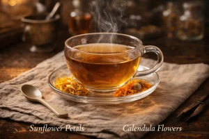 Brewed sunflower petals and calendula showing aroma and color differences.