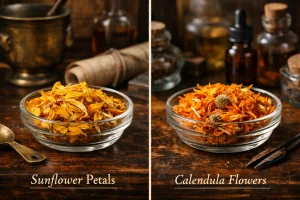 Sunflower petals and calendula side-by-side for tea blending comparison.