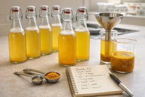 Turmeric kombucha strength comparison bottles with dosing notes for consistency