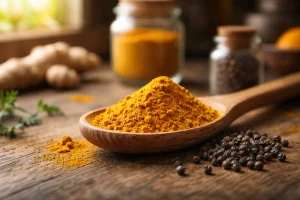 Turmeric powder on wooden spoon with black pepper nearby in warm light