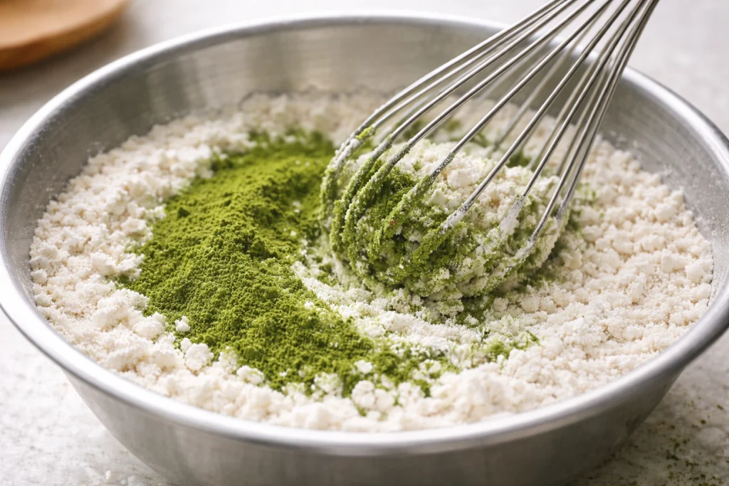 Organic Moringa powder baking batter in a mixing bowl with measuring spoons