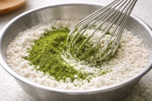Organic Moringa powder baking batter in a mixing bowl with measuring spoons