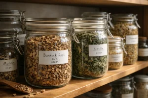 Airtight storage jars of burdock root and dried herbs in an herbal workspace
