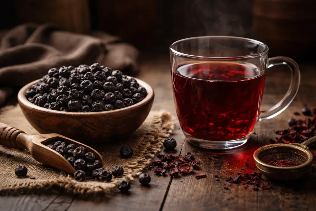 Aronia berry tea with deep red infusion in moody light