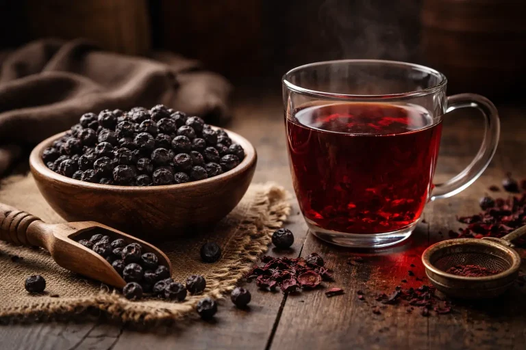 Aronia berry tea with deep red infusion in moody light