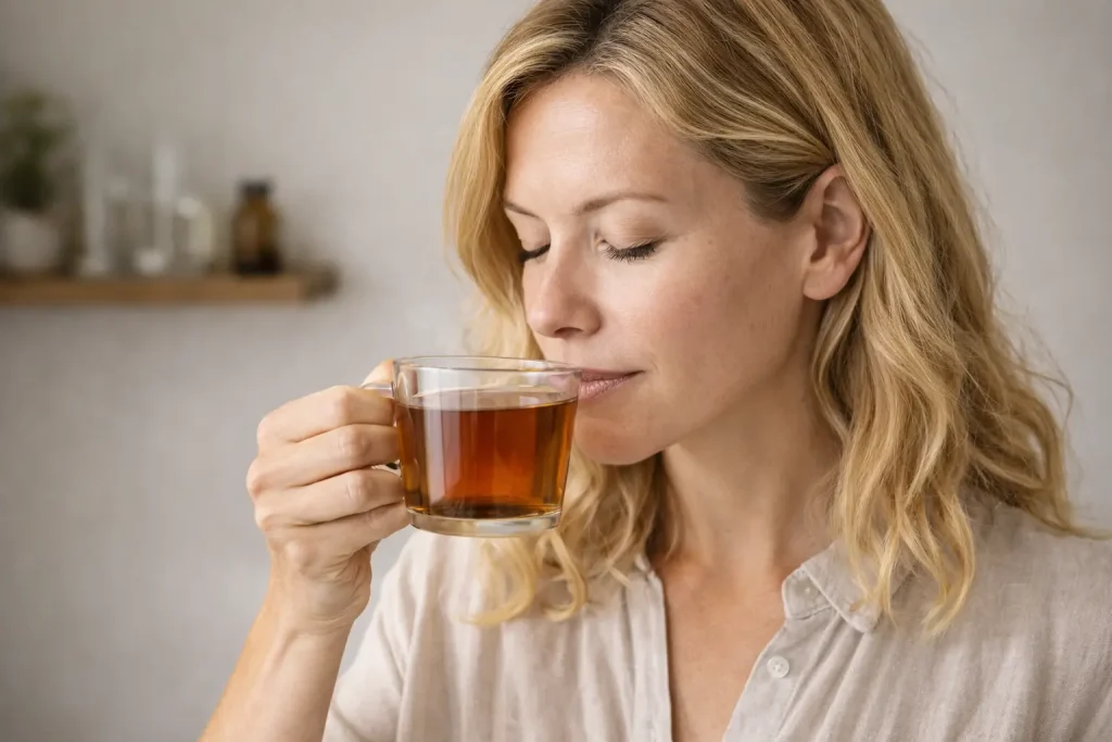 Blonde woman savoring Ceylon tea taste
