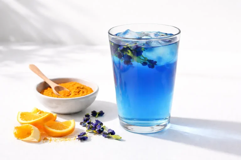 Blue butterfly pea tea in glass with orange peel powder, minimal bright styling