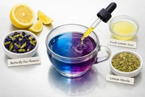 Blue butterfly pea tea turning purple with lemon in a clean studio setup