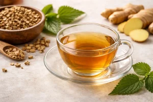 Brewed burdock root tea with nettle and ginger botanicals