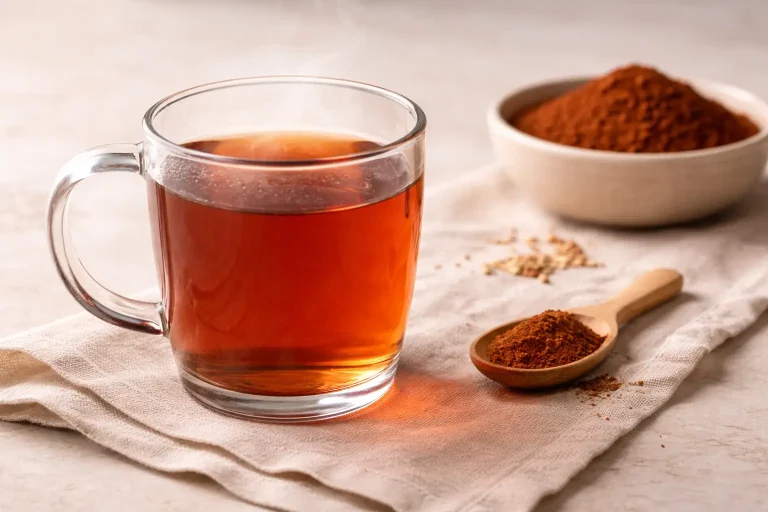 Brewed manjistha powder tea showing natural reddish color in a glass mug