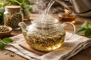 Brewing raspberry leaf tea in a glass teapot with hot water