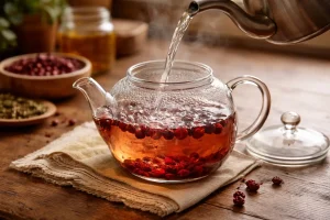 Brewing schisandra berry tea in a glass pot with controlled pour