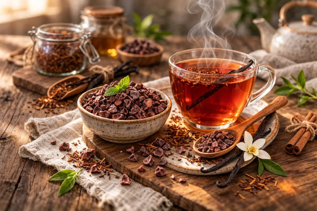 Cacao nibs in a bowl beside a cup of vanilla rooibos tea on a warm wooden surface