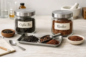 Ceylon and rooibos tea pairing setup for blending and tasting