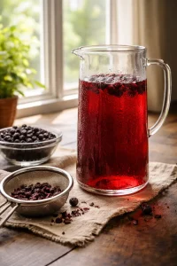 Cold brewed aronia tea in a pitcher with deep ruby color