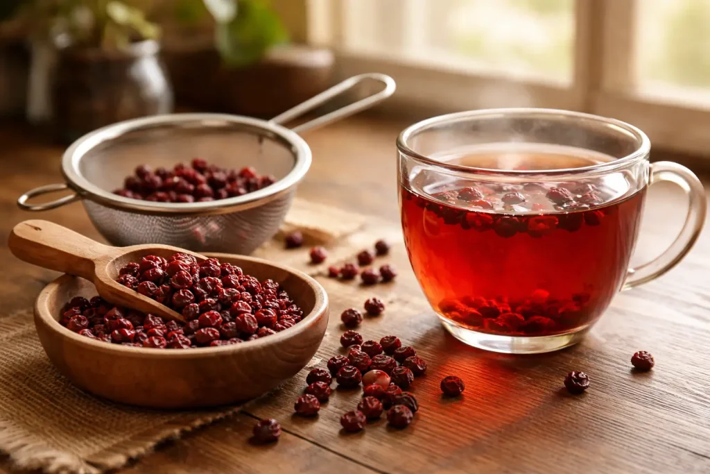 Dried schisandra berries with strainer and freshly brewed infusion cup
