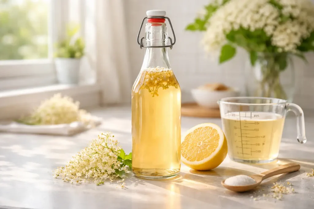 elderflower juice recipe syrup bottle with lemon slice and measuring cup in bright light
