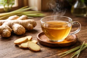 Fresh ginger root and steaming ginger tea on a wooden table