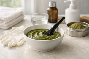 Henna powder paste in a bowl with brush and gloves on a tidy counter