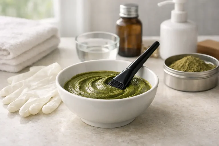 Henna powder paste in a bowl with brush and gloves on a tidy counter