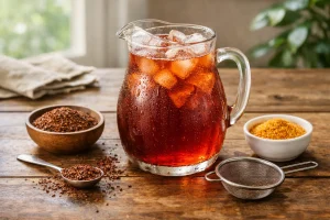 Iced organic rooibos red tea in a pitcher with rooibos leaves and citrus peel powder