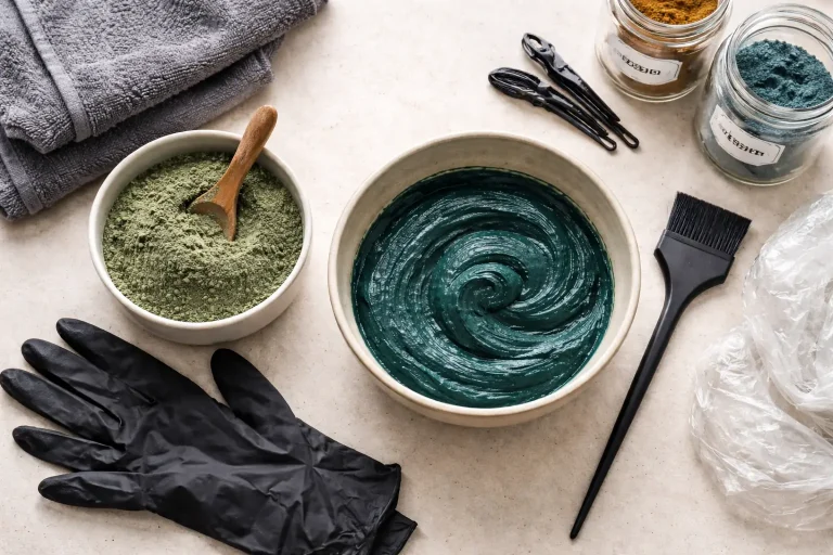 Indigo powder mixing bowl with brush, gloves, and clean workstation for hair dye routine